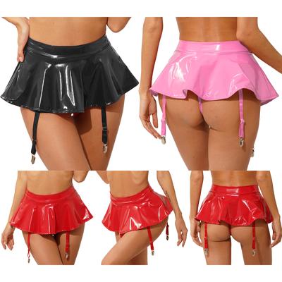 Womens Patent Leather Ruffle Skirt Built-in Thongs Garter Belts Metal Clips Miniskirt Party Clubwear