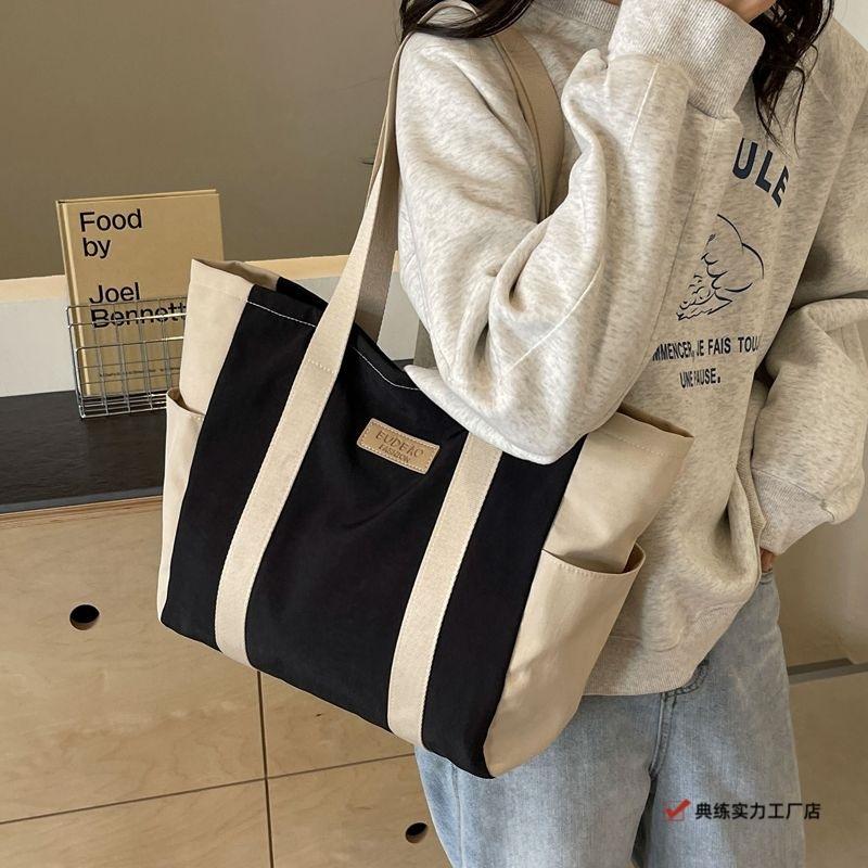Canvas bag female college student large-capacity tote bag fashion shoulder casual handbag color matching class simple satchel