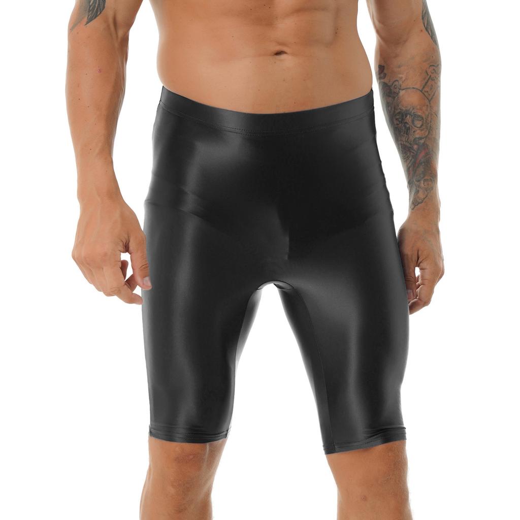 Mens High Waist Shiny Sports Tights Spandex Biker Shorts Glossy Workout Compression Pants