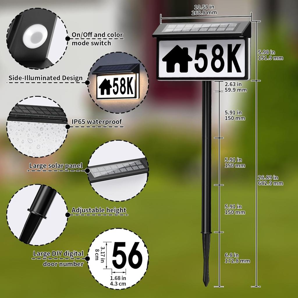 Solar Adressschild, Beleuchtete Hausnummern für Außen mit Erdspieß, Wandmontiert oder im Boden Solar-Adressnummern für Hof, Garten, Straße, Zuhause