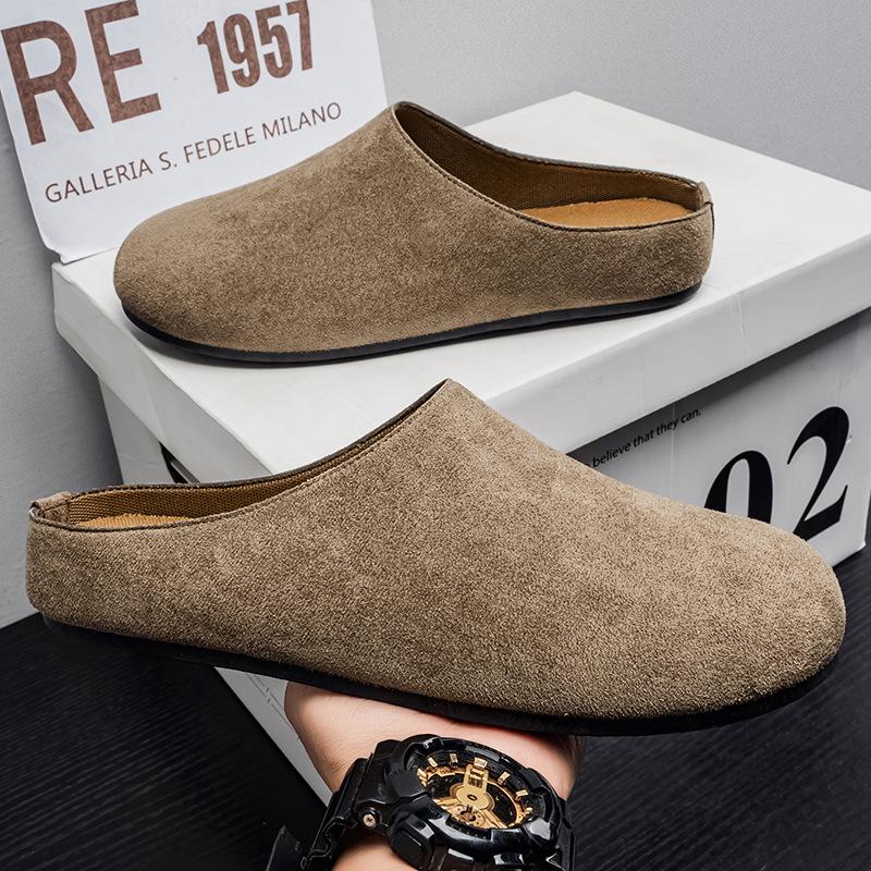 Men's Slippers New Retro Solid Color Flat Bottom Women's Slingback Shoes Closed Toe Round Toe Suede Clogs Sandals Autumn