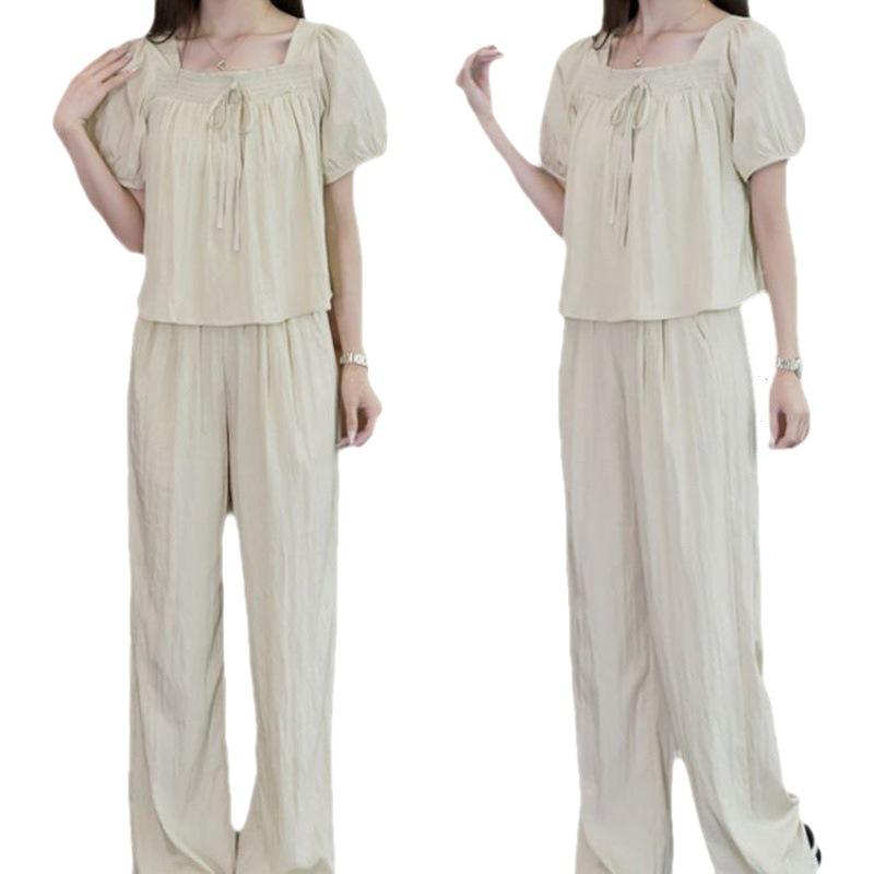 Ladylike Temperament Chiffon Shirt Suit Summer Goddess Style Casual Fashion Age-reducing Wide-leg Pants Two-piece Set