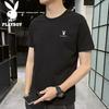 PLAYBOY Short-Sleeve T-Shirt for Men, Summer Men's Top, Trendy Loose-Fit Solid Color Pure Cotton Undershirt, Black, 3XL
