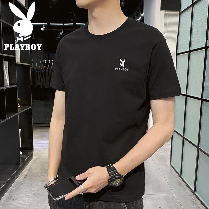 PLAYBOY Short-Sleeve T-Shirt for Men, Summer Men's Top, Trendy Loose-Fit Solid Color Pure Cotton Undershirt, Black, 3XL