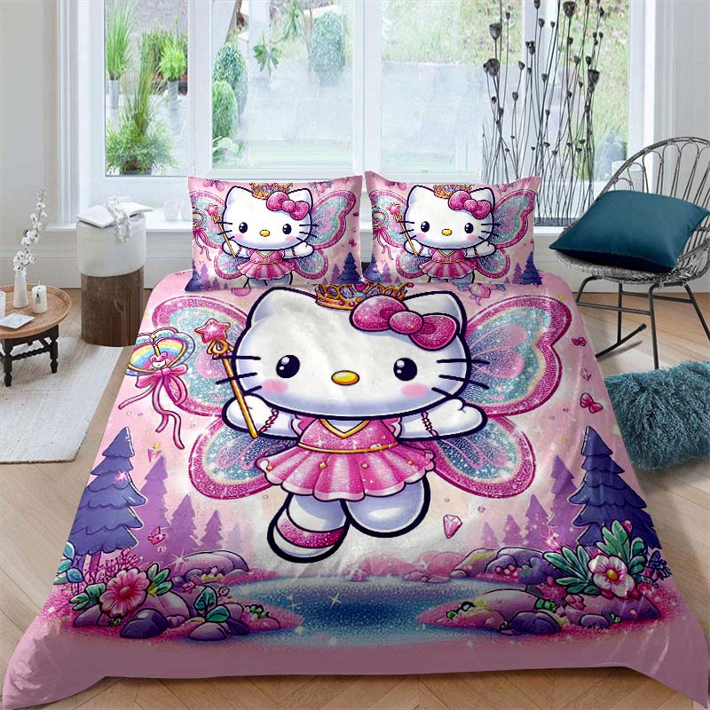This Hello Kitty three-piece bedding set with a cartoon heart print, including one duvet cover and two pillowcases, makes a perf