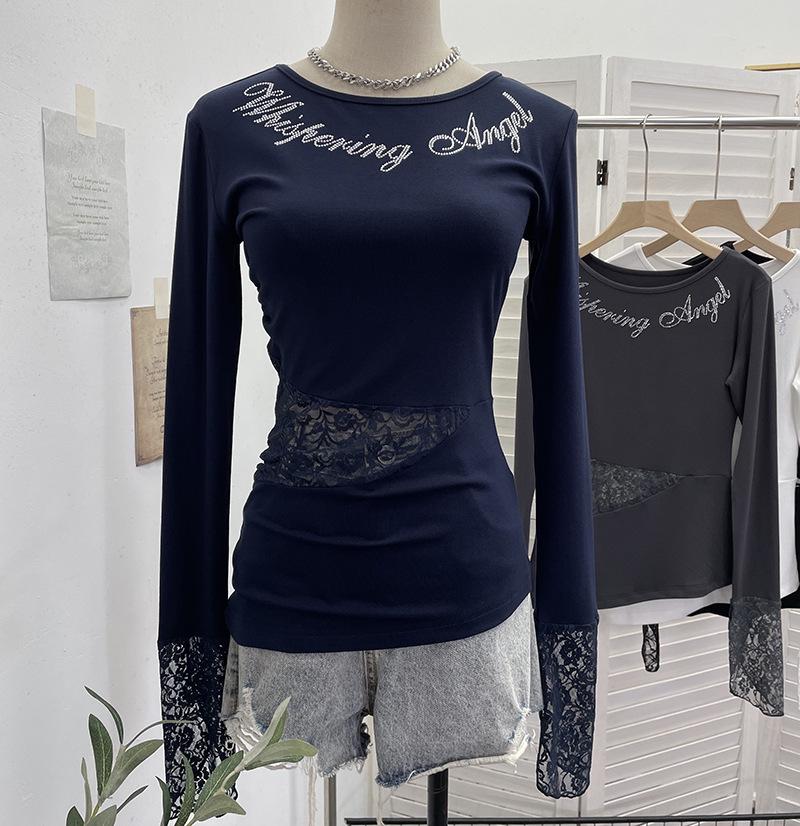 Spicy Girl Lace Cut-Out Slim Fit Long-Sleeve T-Shirt One Size темно-синий