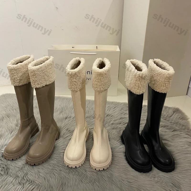 Fashion Women Winter New Soft Leather Knee Boots Ladies Fashion Outdoor Thick Soled Black Long Round Toe Knee-high Knight Boots Footwear