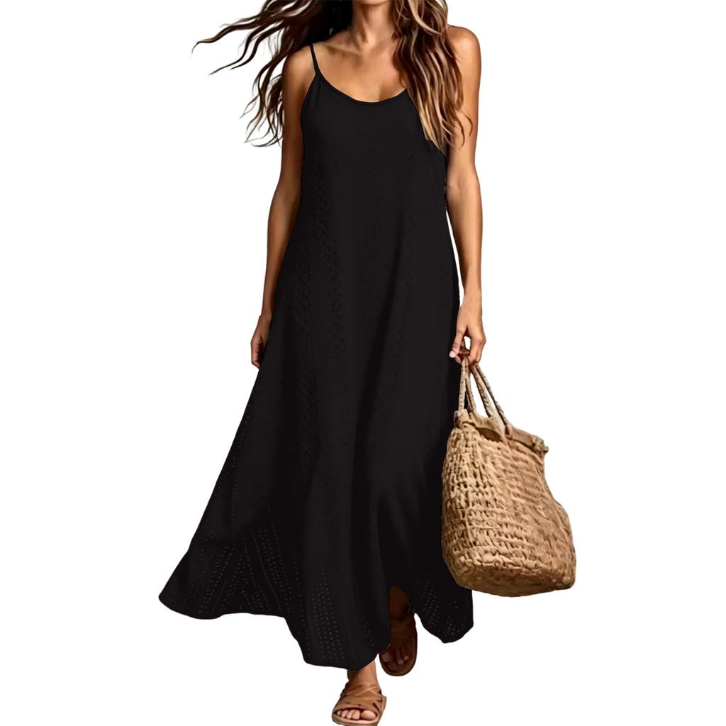 Damen Bohemian Urlaubs-Einfarbig Ärmellos V-Ausschnitt Maxikleid Leicht Lässig Lockerer Schnitt Sommer-Sonnenkleid