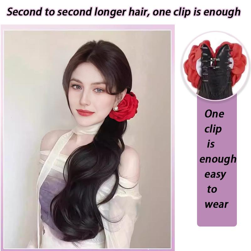 A Ponytail Wig with a Red Rose Grip and a Curled Side The Ponytail Is Naturally Sweet and Invisible Wig Braid