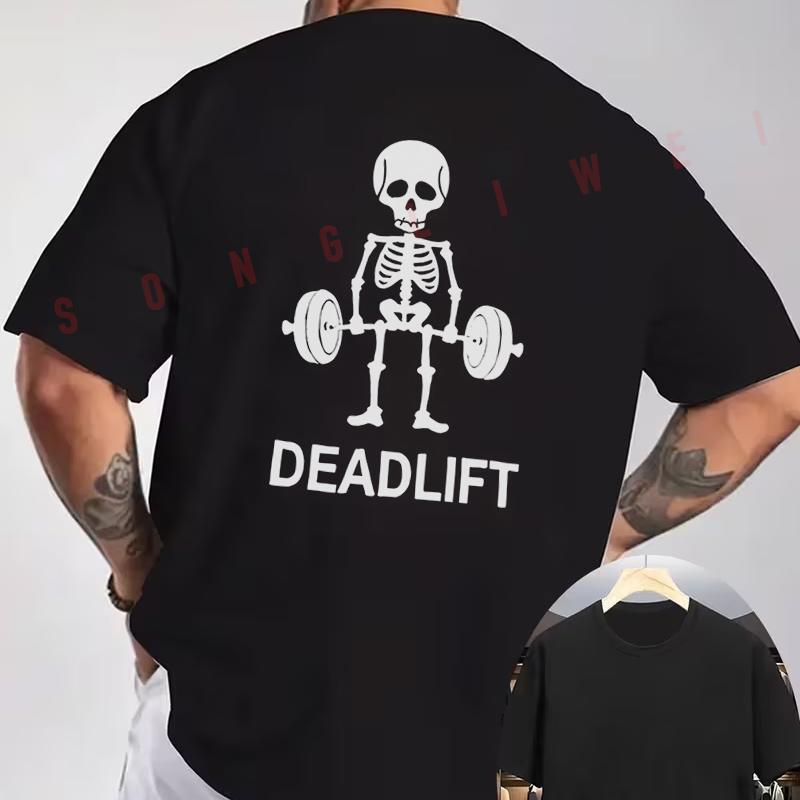 DEADLIFT Skull Barbell Print Motorcycle T-Shirt back Print Men's Short sleeve O-neck Summer Cas