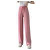Women Ice Silk Pants Elastic High Waist Adjustable Drawstring Straight Wide Leg Pants Solid Color Long Trousers Daily Wear