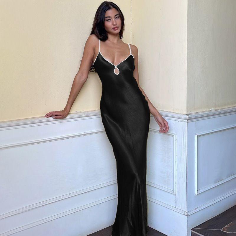 

Fashion Silm Elegant Fancy Satin Sling Dress V Neck Hollow out Strap Bare Back Slim Fit Long Dress Women Black L