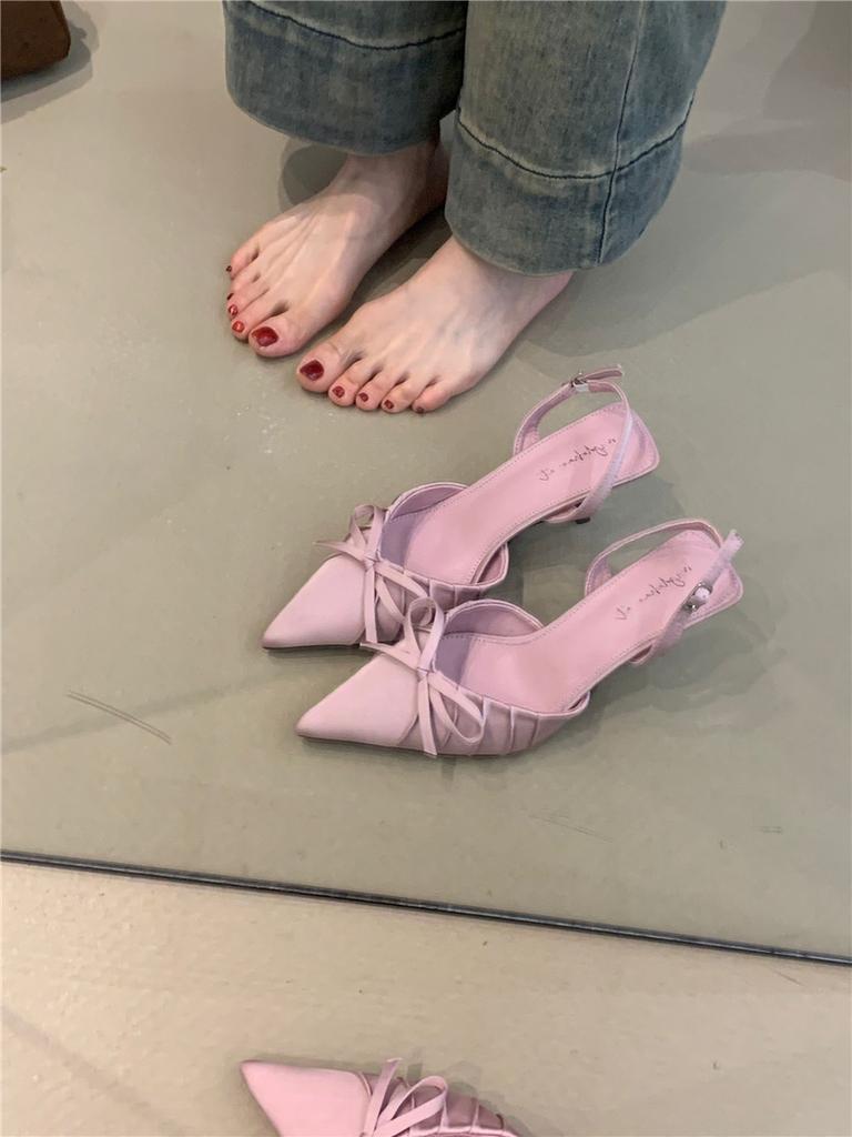 Niche Socialite High Heels Women'S Spring French Temperament Elegant Bow Pointed Thin Heel Bag Head Sandals
