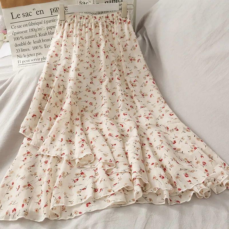 Medium To Long Chiffon Midi Skirt for Women In Summer High Waist A-line Floral Irregular Ruffle Edge Skirt
