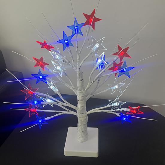 4th of July Decorative Lights Patriotic Tree Ornaments 18 Inch Tabletop Decor with 24 Red White Blue LED Star Lights