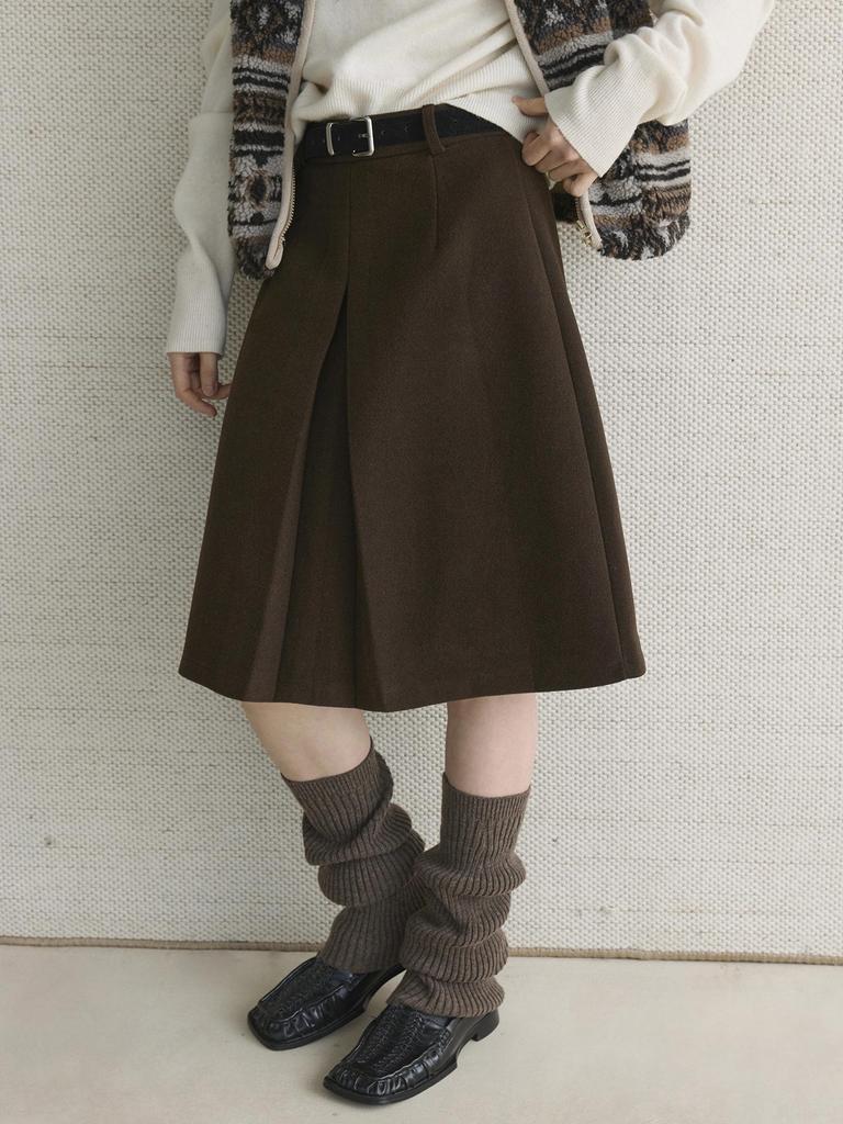 Xu Man Retro Korean Pleated Wool Midi Skirt for Women