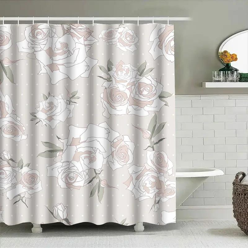 Luxury Floral Print Shower Curtain For Bathroom Decor Neutral Pink, White And Green Colors Water Repellent Fabric Waterproof Bat
