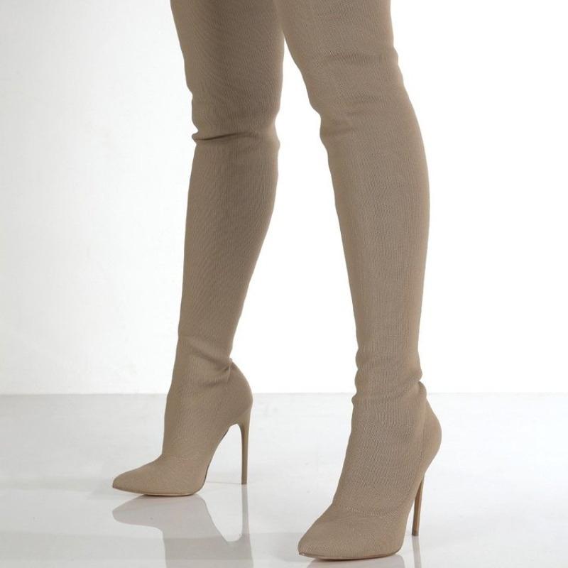 2026 Stivali Al Ginocchio Elasticizzati in Maglia da Donna Taglia Grande Stile Retro Autunno Inverno Tacco Sottile Tacco Alto Stile Coreano Sopra il Ginocchio Lunghi