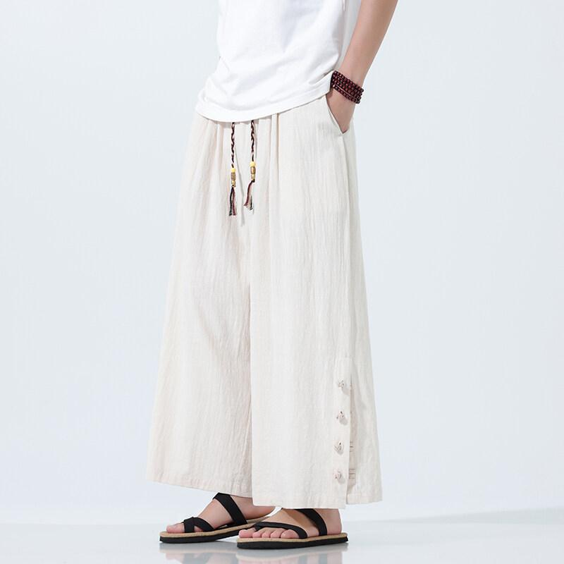 2025 Men Baggy Cotton Linen Pants Men Casual Wide Leg Oversize Jogger Trousers Men Vintage Drawstring Pants Male Skirt Pants