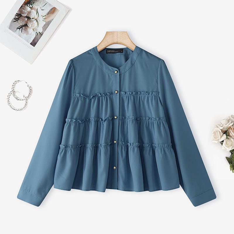 

ZANZEA Жіноча повсякденна блузка з круглим вирізом, однотонна, з довгим рукавом 5XL синій