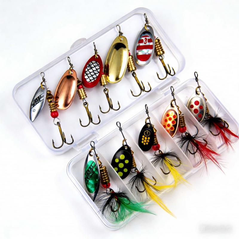 10Pcs Rotating Feather Fake Bait Rooster Tail 10cm with High Carbon Steel F.5g Special Storage Box for Bass And Salmon Fishing