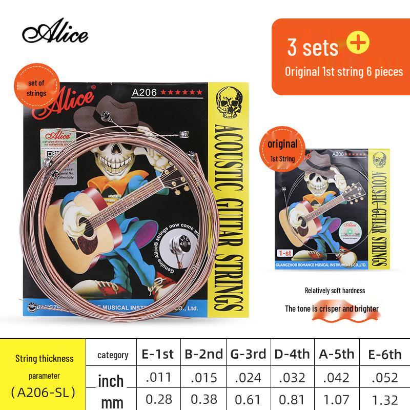 Corde per Chitarra Acustica Alice Folk - Set Completo da 6 (Corde 1ª, 2ª, 3ª come Singole)