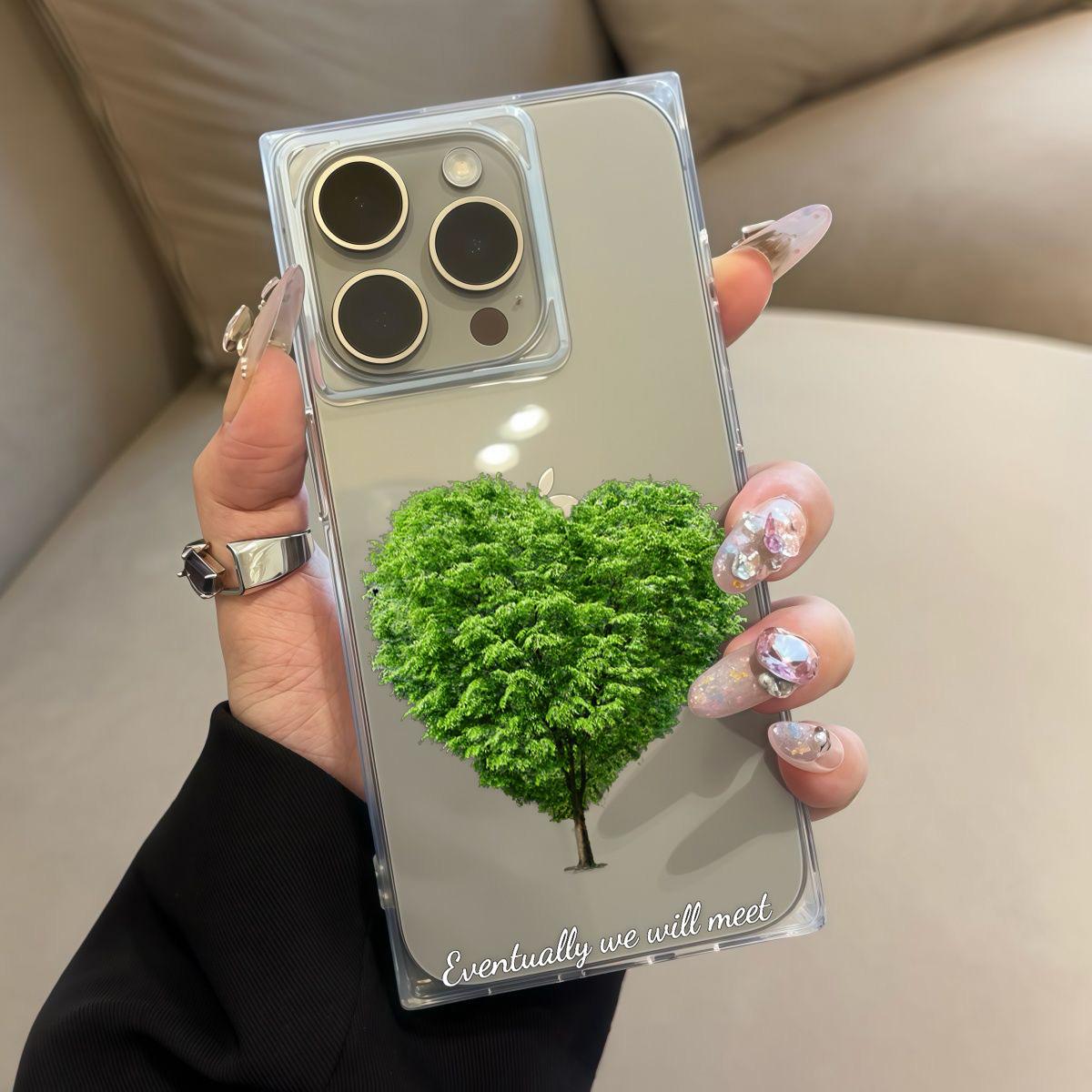 

Прозрачный чехол с квадратной задней защитой для iPhone 12 13 16 ProMax 14 Pro Max 15 Plus 11, защита от кислорода, чехол с рисунком любви к зеленому дереву iphone 11 ProMax