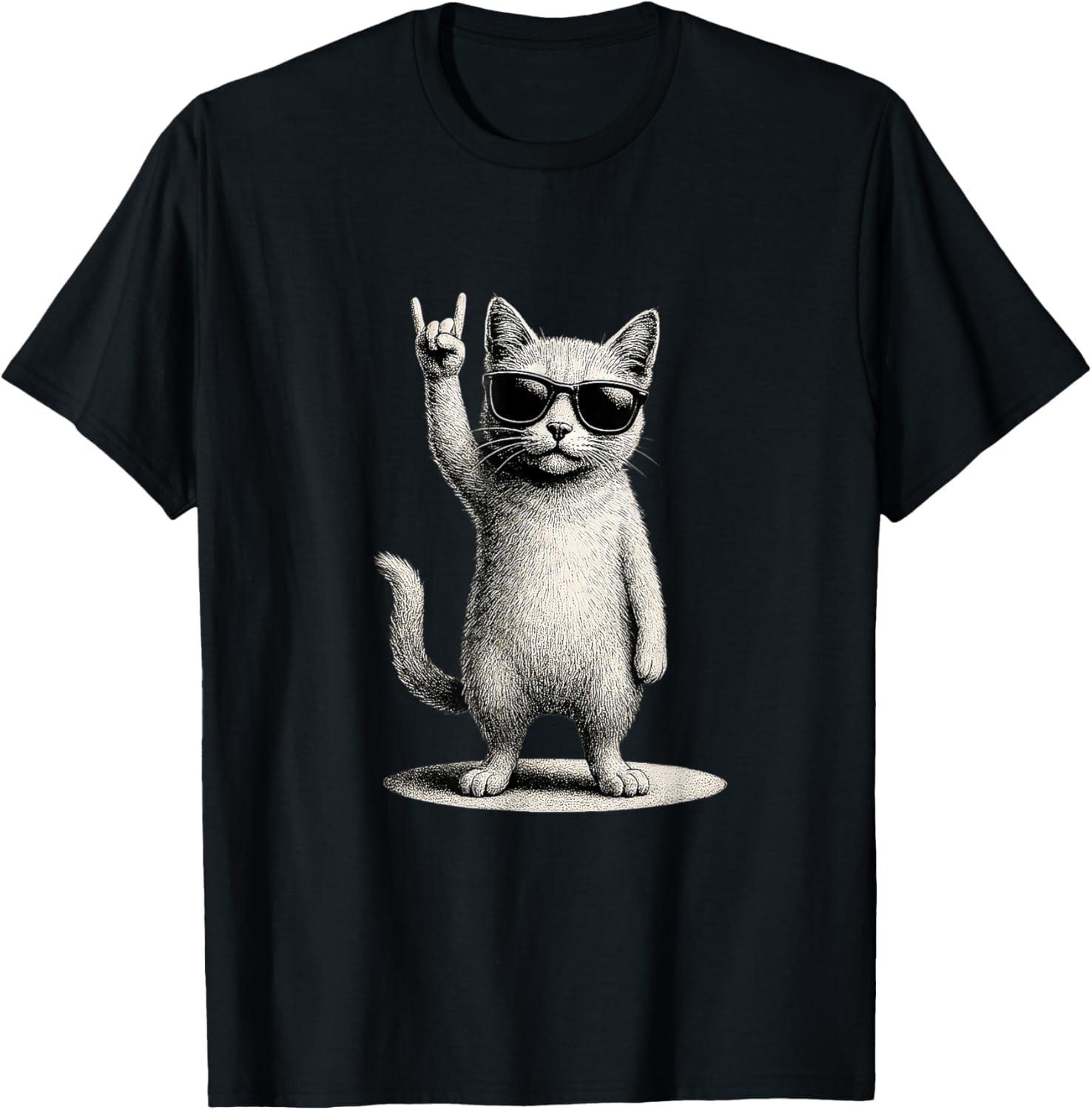IKYDDY Retro Cat Rock Music Men Kids Women Funny Cat T-Shirt S