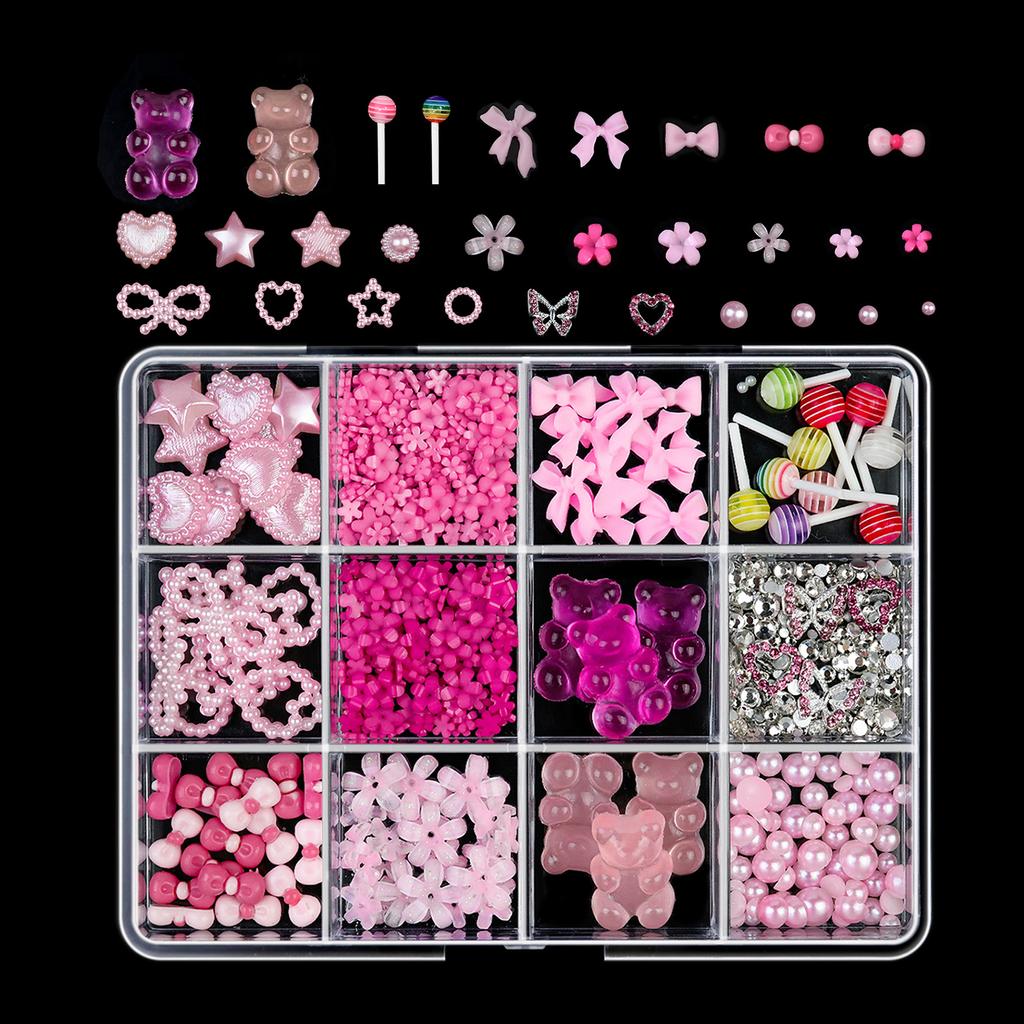 12/15 Grids/Box 3D Nail Art Decoration Kit With Resin Bowknot Pearls Heart & Assorted Shapes Kawaii Nail Charms Diy Manicure Art