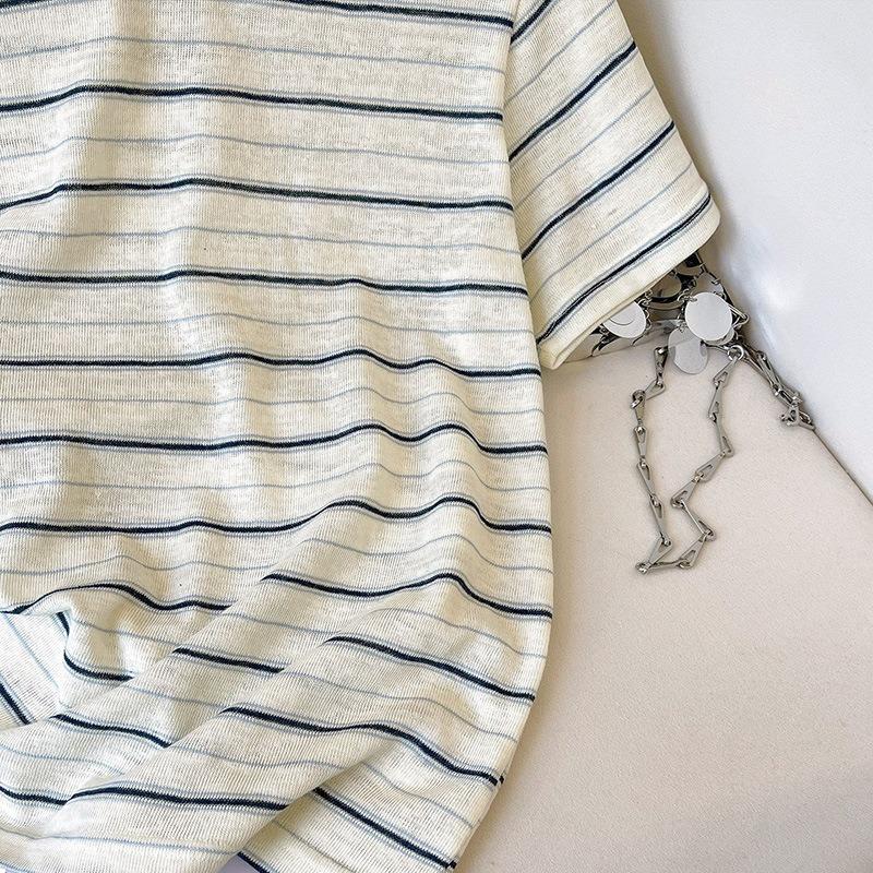Summer Short-sleeved T-shirt Women's Design Sense Simple American Striped Korean Contrasting Color Round Neck Women's New Top