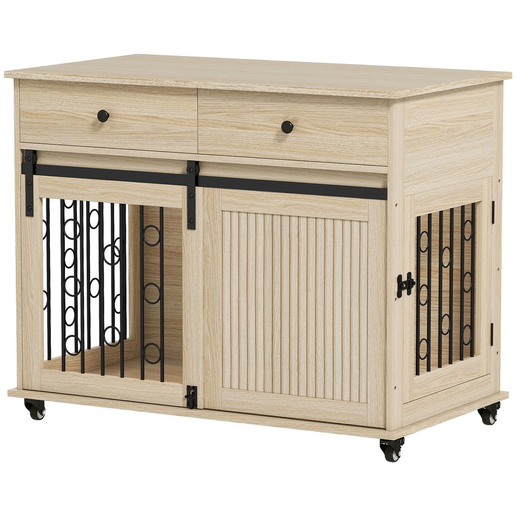 Dog Crate on Wheels, 2 Doors, 2 Drawers, for Medium and Large Dogs, Wood, Steel