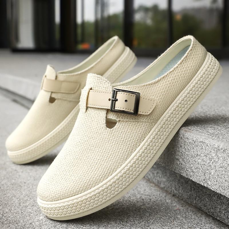 Men's shoes bag head slippers summer new hollow breathable half slippers fly-woven soft-soled casual shoes simple men's single shoes