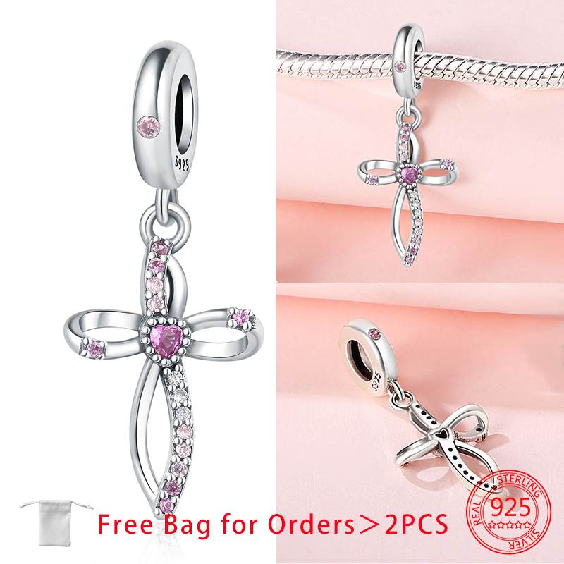 Authentic Pink Zircon Love Cross Wing Cross Retro Pattern Cross Charm Bead Charms Copper Bead Charms Pendant Compatible With Do It Yourself Bracelets