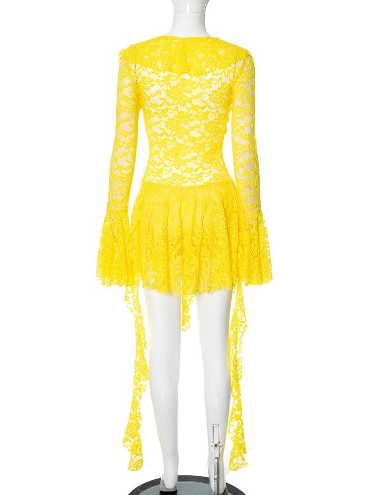 Summer Lace Ruffled Streamer Dress for Women Flare Long Sleeve V Neck Sexy Mini Dress See Through Fashion Elegant Dresses