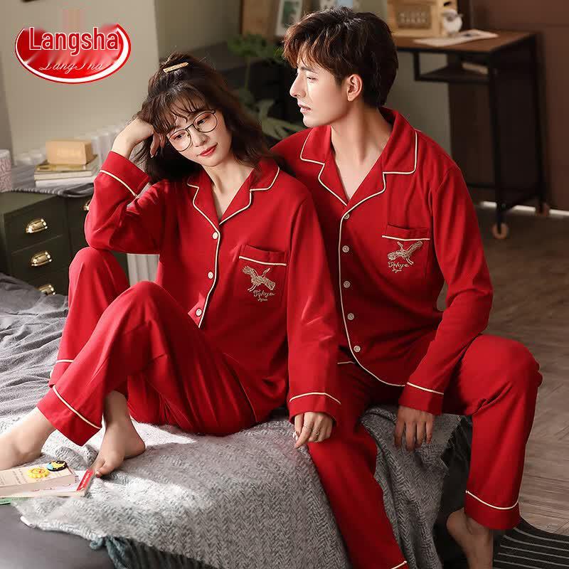 Langsheng Red Pure Cotton Couple Pajama Set