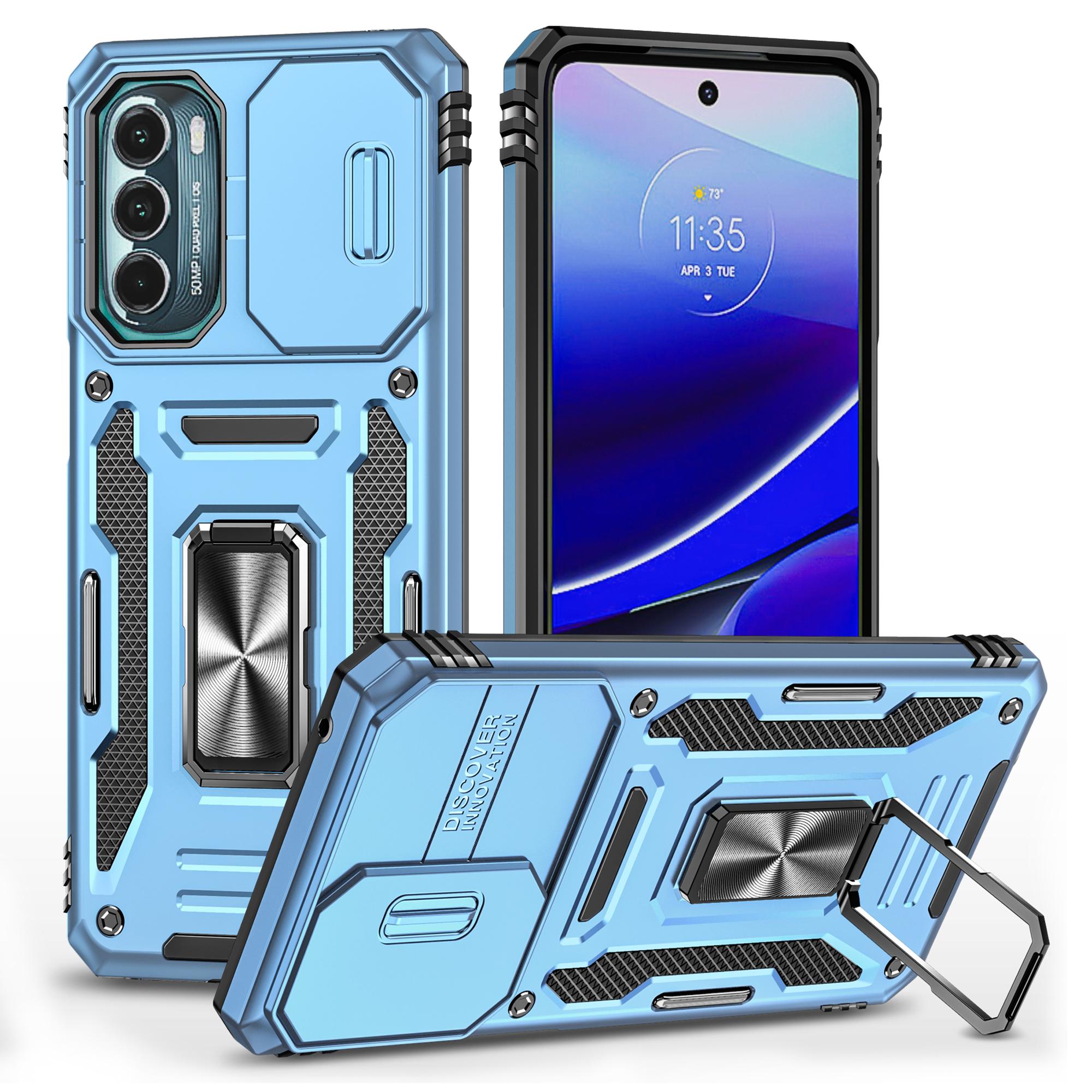 

For Motorola Moto G Stylus 4G (2022) Armor Series Drop-proof PC+TPU Phone Case Kickstand Back Cover with Slide Camera Lid Light Blue