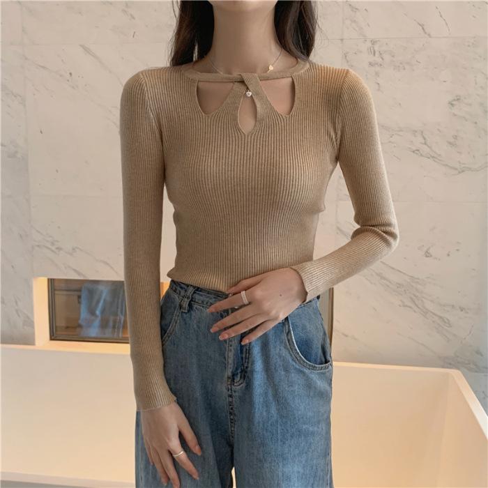 Women's Chic Hollow-Out Slim Fit Long Sleeve Knit Sweater - Autumn/Winter Collection