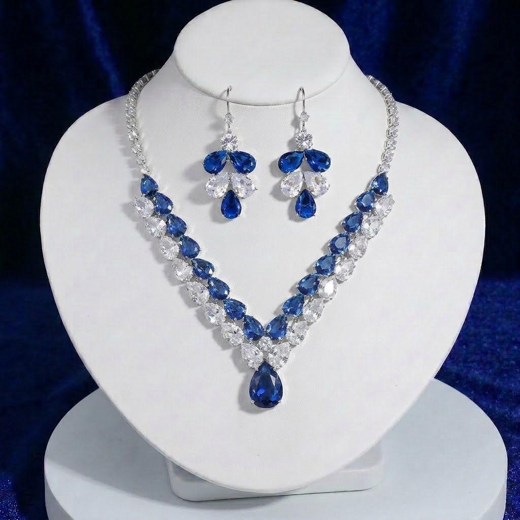 European Style Zircon Blue Teardrop Necklace & Earrings Set