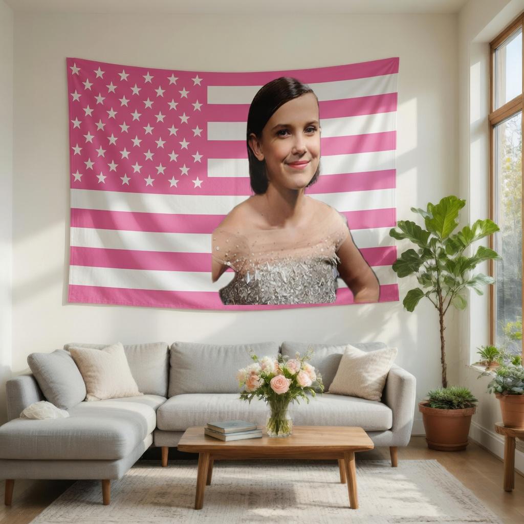 Вирусный Гобелен с Милли Бобби Браун Розовый Американский Флаг Премиум Плоская Печать Настенный Декор 74x94cm(29x37in)
