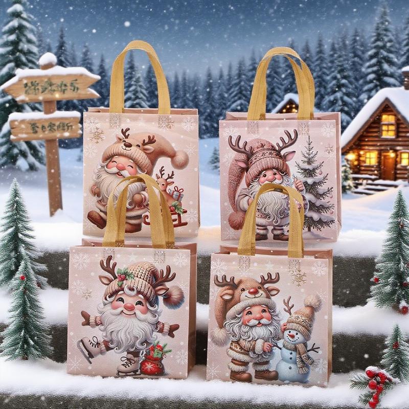 12 Vintage Christmas Gift Bags - Santa Claus, Reindeer, Snowflake Patterns - Beige and Brown Holiday Party Gift Bags, Non-woven