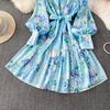 Spring Autumn Vintage Hydrangea Print  Long Sleeve Short Dress for Women Fashion Stand Collar Belt Slimming Ruffles Splice Mini Dress