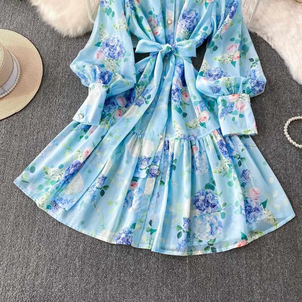 Spring Autumn Vintage Hydrangea Print  Long Sleeve Short Dress for Women Fashion Stand Collar Belt Slimming Ruffles Splice Mini Dress