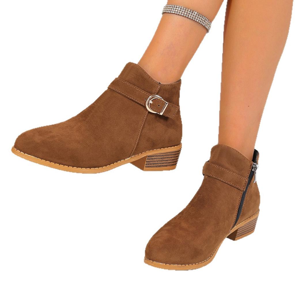 Foreign Trade Large Size Pointed Square Heel Chelsea Boots 2025 Autumn New Metal Buckle Suede European and American Outer Wear Women's Boots