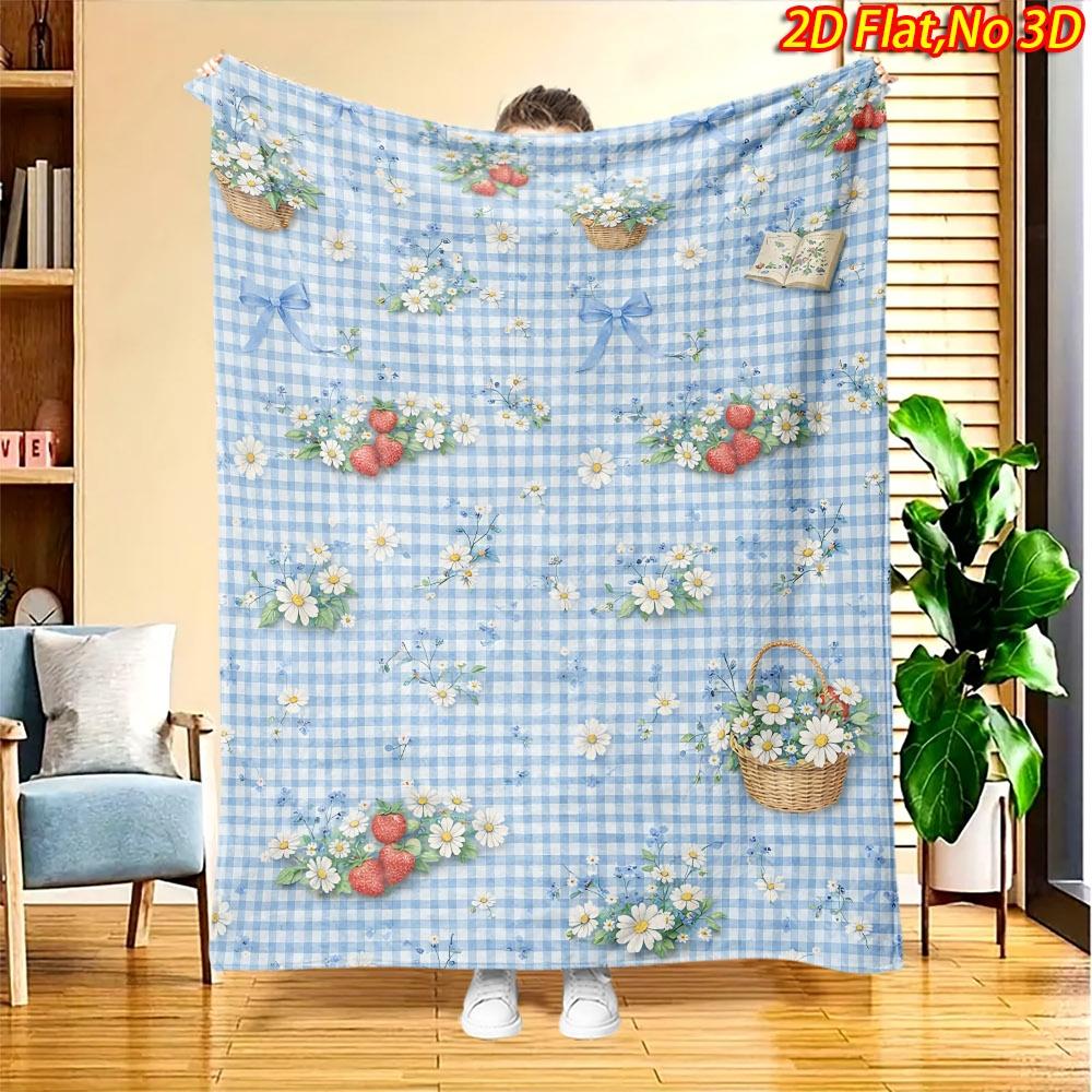 1pc 2D Flat Printing Spring And Summer New Arrival Fresh Daisy Strawberry Basket Theme Digital Print Blanket, All-Season Use, Casual Throw, 100% Polye