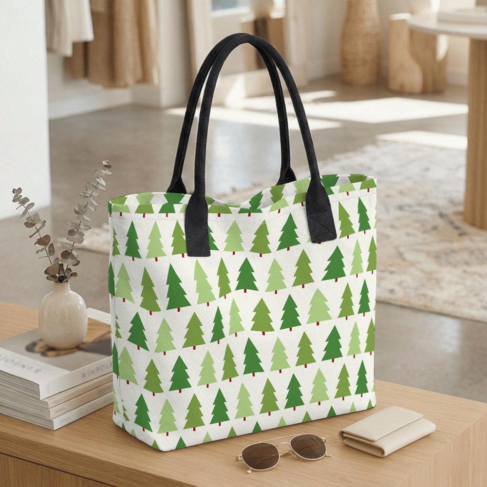 Christmas Tree Pattern Tote Bag Casual Large Capacity Canvas Handbag for Daily Use