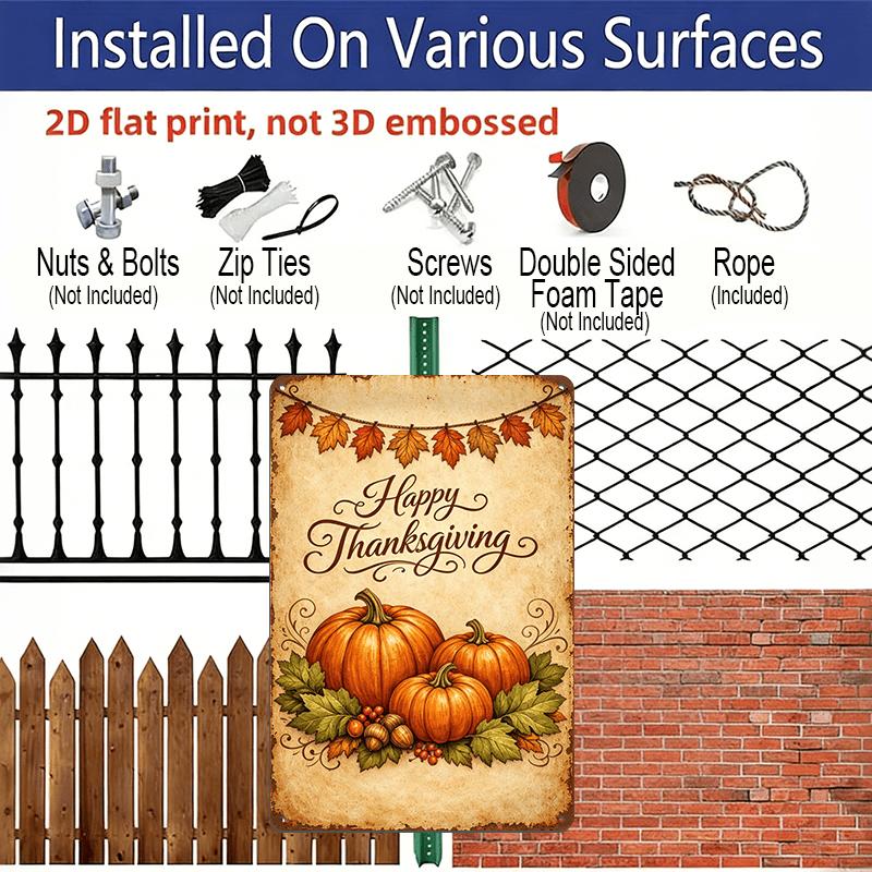 2D Flat, 1pc Vintage Happy Thanksgiving Pumpkin Maple Aluminum Sign, Thanksgiving Farmhouse Metal Sign, 8*12 Inches Suitable for Kitchen, Bathroom
