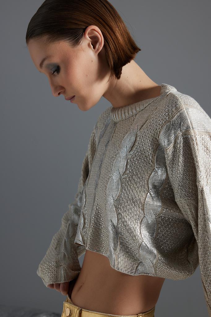 Women's Fashion New Sweater Stone Super Crop Hair Braided Foil Printed Knitwear Sweater