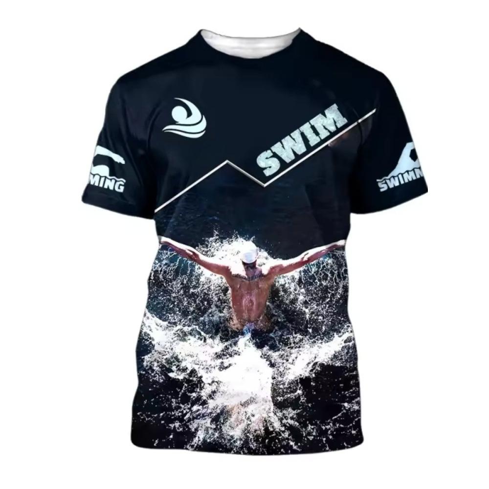 Men's 3D Printed Swimming T-shirt Loose Casual Comfortable Breathable Plus Size Short Sleeved Versatile Fashion T-shirt