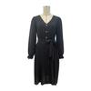 Black High Waist Pleated A Line Dress for Women V Neck Long Sleeve Lace Up Early Autumn Fashion