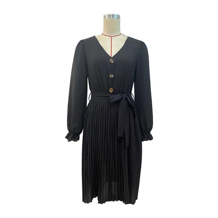 Black High Waist Pleated A Line Dress for Women V Neck Long Sleeve Lace Up Early Autumn Fashion